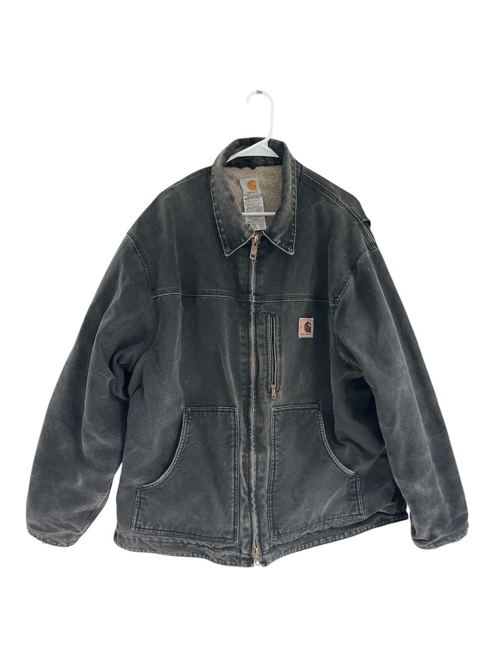 Carhartt Jacket Black Canvas Duck Sherpa Lined Bomber Work Coat Distressed 2XL